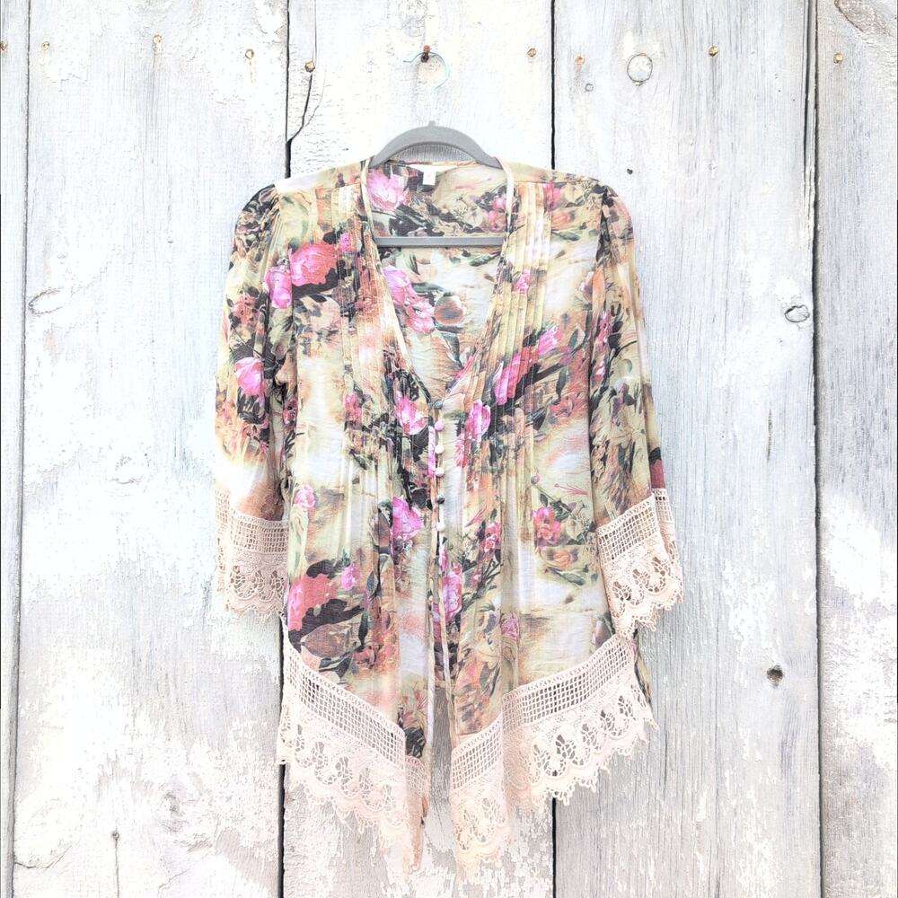 Adiva Fairy Boho Romantic Delicate Crochet Lace Button Top Women's Medium